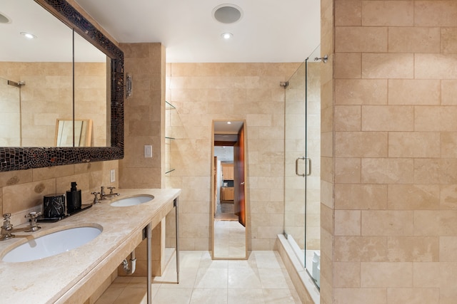 62 Beach St Tha, Unit Tha, New York City, NY 10013 - full bath with tile walls, a stall shower, tile patterned floors, double vanity, and recessed lighting
