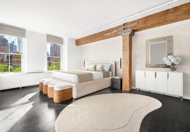 44 Laight St Unit 6C, New York City, NY 10013 - bedroom featuring rail lighting, dark wood-type flooring, radiator heating unit, and a view of city