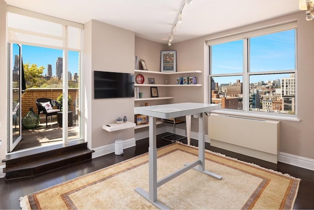 office featuring track lighting, hardwood / wood-style flooring, and baseboards