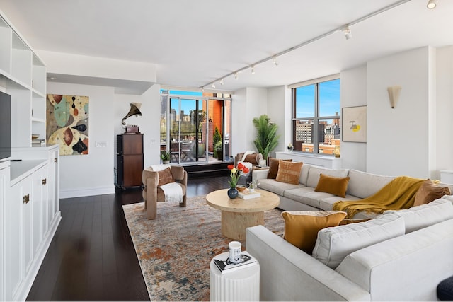 301 W 118th St Unit Ph2A, New York City, NY 10026 - living room with track lighting, dark wood-style floors, and baseboards