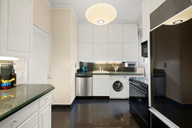 470 Park Ave Unit 4D, New York City, NY 10022 - kitchen featuring black appliances, washer / clothes dryer, granite floors, dark countertops, and ornamental molding