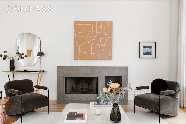 living room with wood finished floors and a fireplace