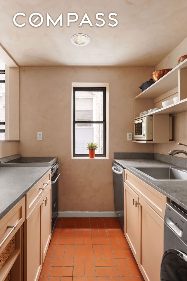 kitchen with open shelves, a sink, range with electric cooktop, dishwasher, and white microwave