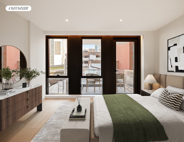 bedroom featuring light wood-style floors and recessed lighting