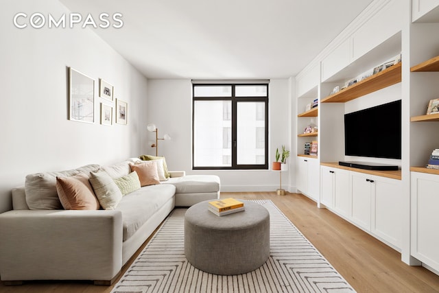 319 Schermerhorn St Unit 5D, New York City, NY 11217 - living area featuring light wood-style flooring and built in shelves
