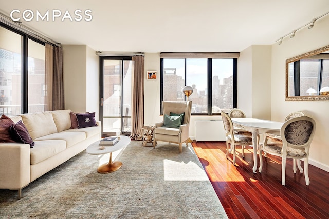 304 E 65th St Unit 10D, New York City, NY 10065 - living area with wood finished floors, track lighting, and a skyline view