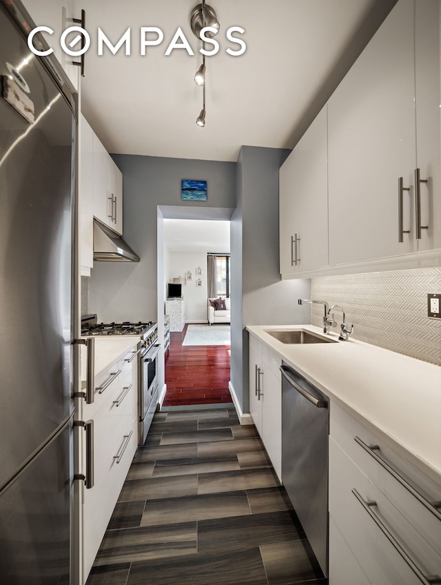 304 E 65th St Unit 10D, New York City, NY 10065 - kitchen with appliances with stainless steel finishes, a sink, under cabinet range hood, light countertops, and dark wood-style floors