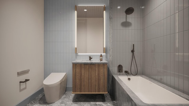 499 9th Ave Unit 9Dn, New York City, NY 10018 - full bathroom featuring tile walls, vanity, toilet, and tiled shower / bath