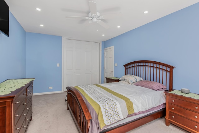 640 W 239th St Unit 1A, New York City, NY 10463 - bedroom featuring light colored carpet, a closet, recessed lighting, and a ceiling fan