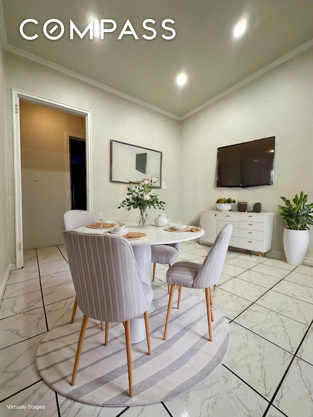 75-66 197th St, New York City, NY 11366 - dining room with light marble finish floors, crown molding, recessed lighting, and baseboards