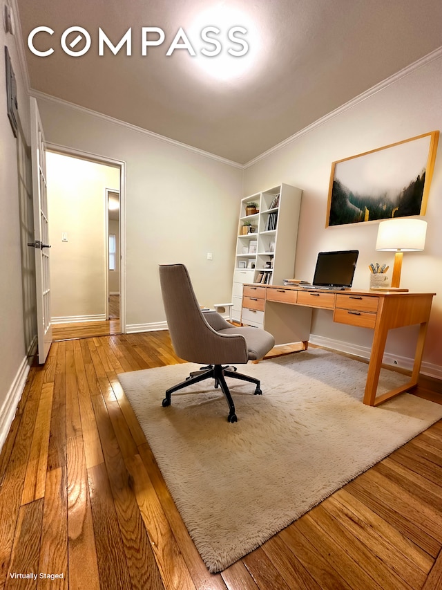 75-66 197th St, New York City, NY 11366 - office area with wood-type flooring, ornamental molding, and baseboards