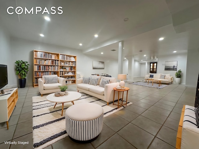 75-66 197th St, New York City, NY 11366 - tiled living room with recessed lighting