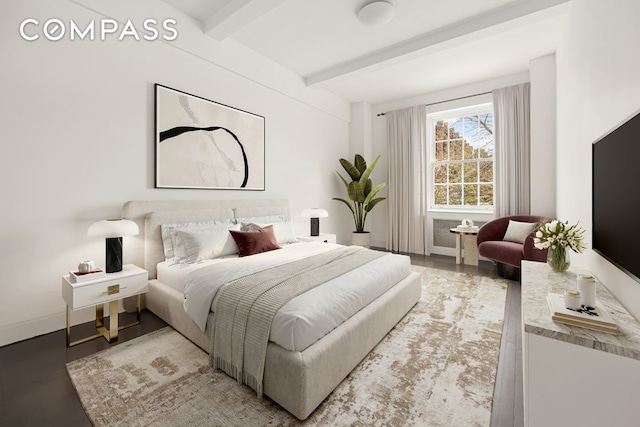 39 5th Ave Unit 2B, New York City, NY 10003 - bedroom with beamed ceiling, baseboards, and light wood-style floors