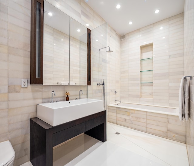 53 Warren St Unit 4, New York City, NY 10007 - full bathroom with tile walls, double vanity, and recessed lighting