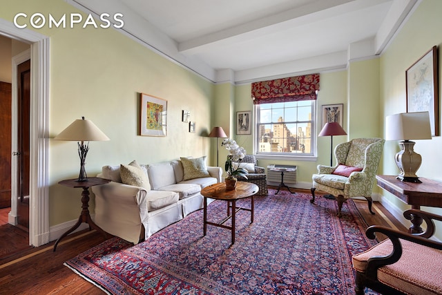 1349 Lexington Ave Unit 8C, New York City, NY 10128 - living room with wood finished floors, baseboards, and beam ceiling
