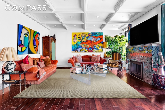 205 W 89th St Unit 6Rs, New York City, NY 10024 - living area with wood finished floors, coffered ceiling, beam ceiling, a fireplace, and recessed lighting