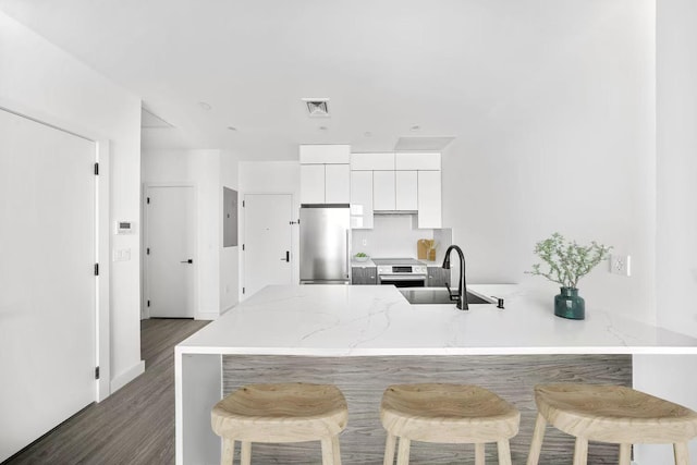 46-40 Vernon Blvd Unit 5-A, New York City, NY 11101 - kitchen with a sink, appliances with stainless steel finishes, a peninsula, white cabinetry, and a kitchen breakfast bar