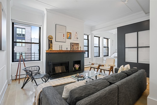 living room with crown molding, light wood finished floors, and a fireplace