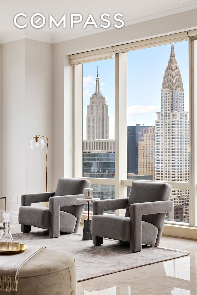 living area featuring crown molding, wood finished floors, and a view of skyline