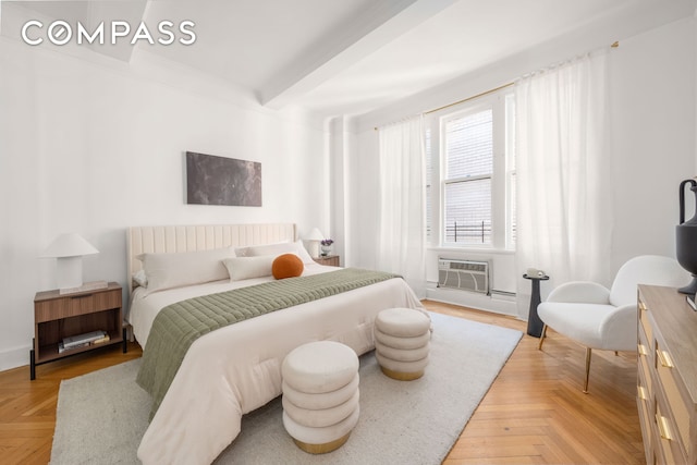 1060 Park Ave Unit 11A, New York City, NY 10128 - bedroom with beamed ceiling and an AC wall unit