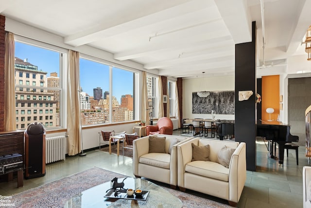 118 E 25th St Unit Ph12Thfl, New York City, NY 10010 - tiled living area with a view of skyline, beamed ceiling, and radiator