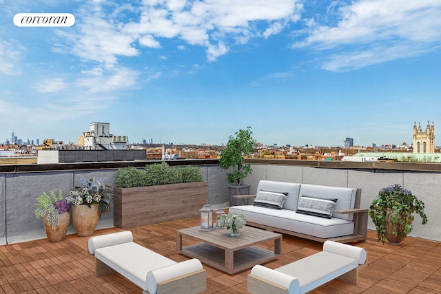 view of patio with a view of skyline and outdoor lounge area