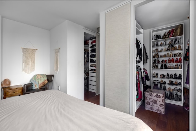 bedroom featuring a walk in closet, a closet, and wood finished floors