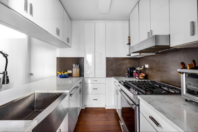 kitchen with light stone countertops, dark wood-style floors, range hood, tasteful backsplash, and appliances with stainless steel finishes