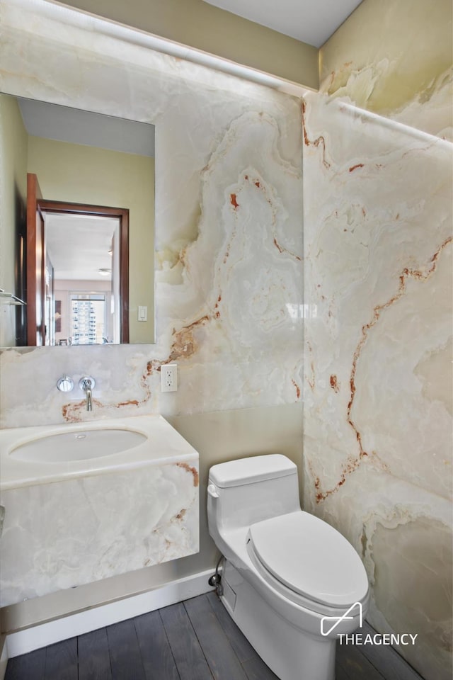 half bath with toilet, wood finished floors, and vanity