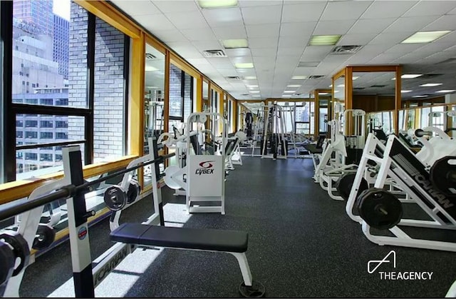 exercise room with plenty of natural light and a paneled ceiling