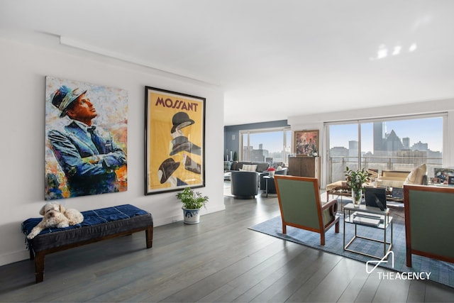 living area with wood finished floors, baseboards, and a city view