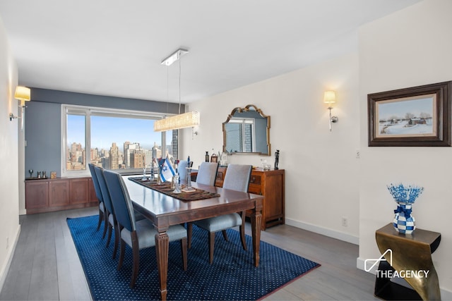 dining room with hardwood / wood-style flooring, baseboards, and a view of city