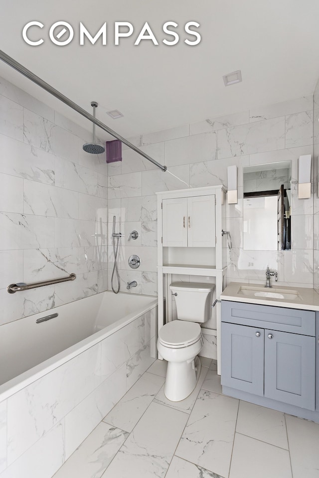380 Rector Pl Unit 7Lmn, New York City, NY 10280 - full bath with marble look tile flooring, a combined bath / shower with rainfall shower, and vanity
