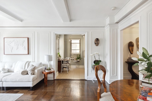 260 W End Ave Unit 15E, New York City, NY 10023 - living area with a decorative wall and beamed ceiling