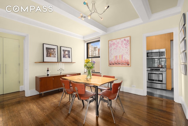 dining area featuring dark wood-style floors, beam ceiling, a chandelier, and baseboards