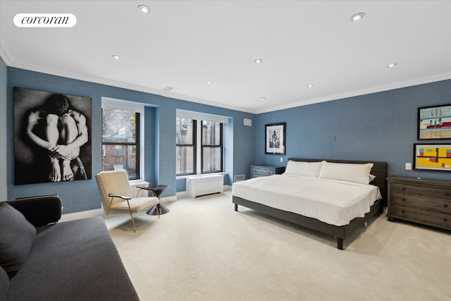 132 E 62nd St, New York City, NY 10065 - bedroom with visible vents, light colored carpet, recessed lighting, and ornamental molding