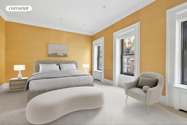 132 E 62nd St, New York City, NY 10065 - carpeted bedroom with baseboards, crown molding, visible vents, and wallpapered walls