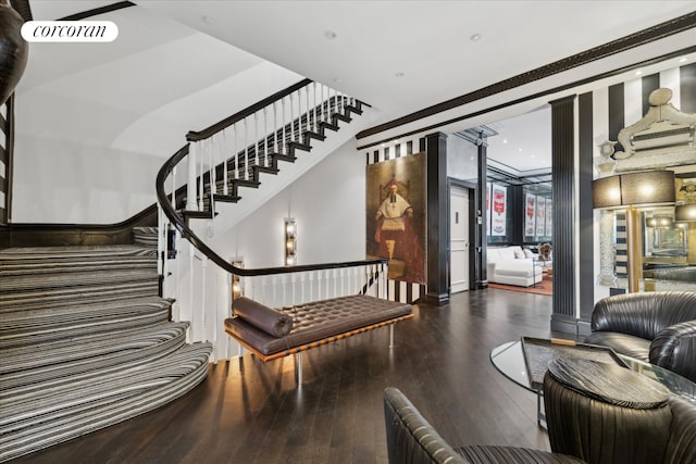 132 E 62nd St, New York City, NY 10065 - stairs with hardwood / wood-style flooring and ornate columns