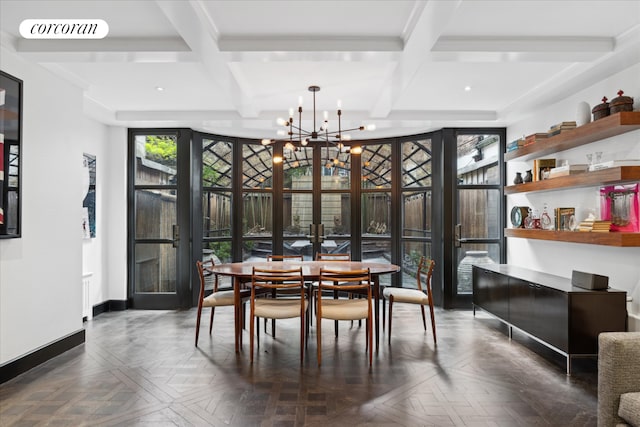 132 E 62nd St, New York City, NY 10065 - dining room featuring beam ceiling, visible vents, baseboards, a chandelier, and coffered ceiling