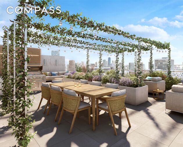 208 Delancey St Unit Gc, New York City, NY 10002 - view of patio with a view of skyline, an outdoor kitchen, and outdoor dining space