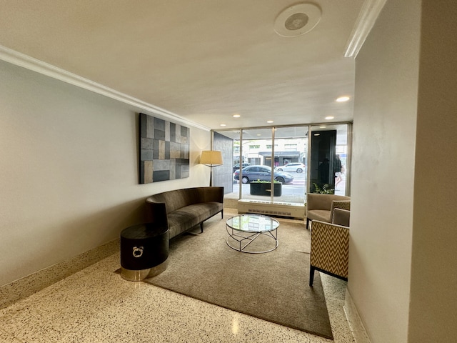 living area featuring speckled floor, ornamental molding, and recessed lighting