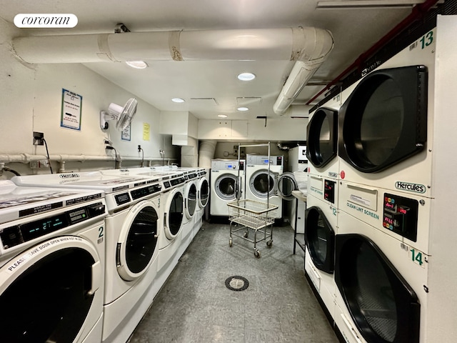 shared laundry with stacked washer / drying machine and washer and dryer
