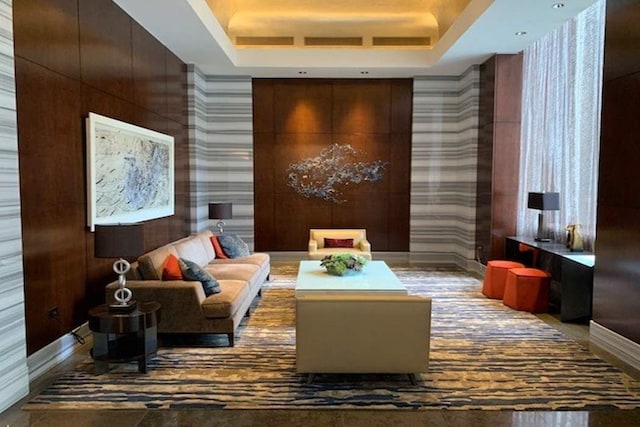 building lobby with wallpapered walls