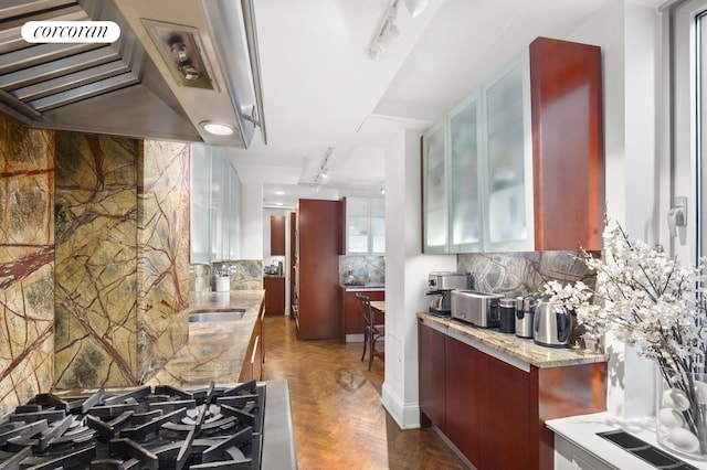1200 5th Ave Unit 2A, New York City, NY 10029 - kitchen featuring custom range hood, rail lighting, decorative backsplash, and glass insert cabinets