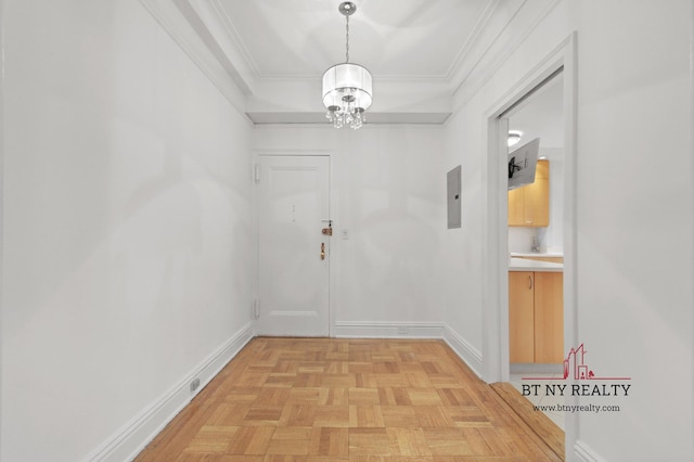 50 Riverside Dr Unit 11-F, New York City, NY 10024 - hall featuring electric panel, a chandelier, ornamental molding, and baseboards