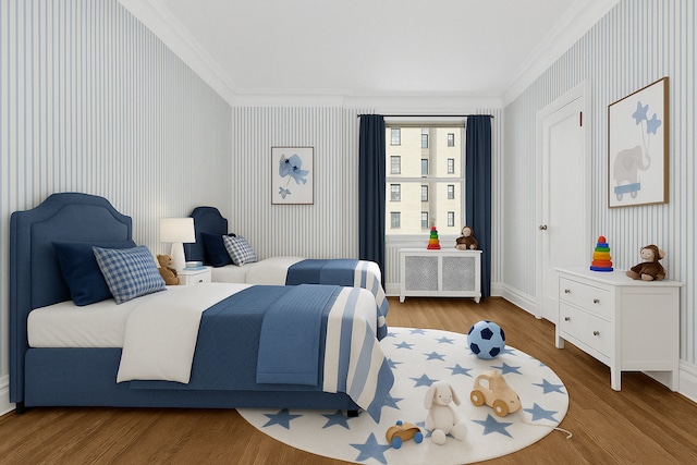 bedroom featuring crown molding, wood finished floors, radiator heating unit, and wallpapered walls