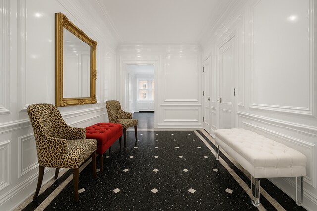 1160 Park Ave Unit 7C, New York City, NY 10128 - hallway with baseboards, ornamental molding, and marble finish floor