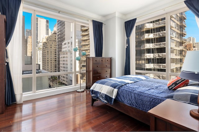 bedroom featuring a view of city, ornamental molding, and wood finished floors