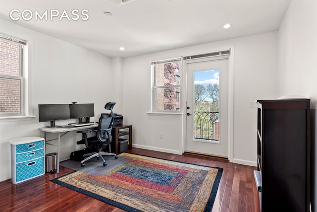office featuring baseboards, dark wood-style floors, and recessed lighting