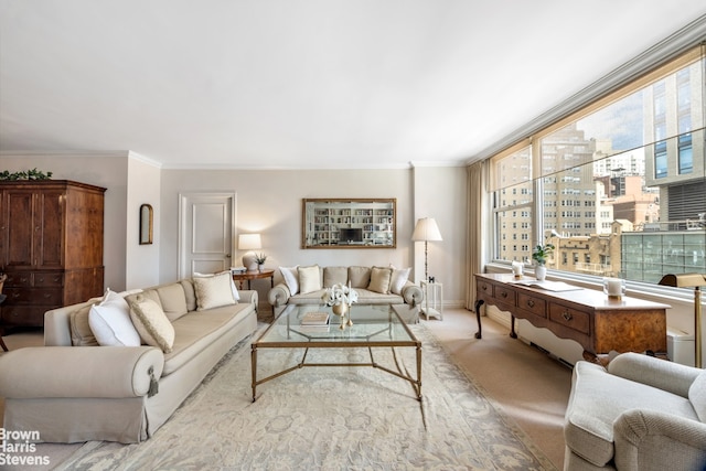 175 E 62nd St Unit 8B, New York City, NY 10065 - carpeted living area featuring plenty of natural light, ornamental molding, and baseboards